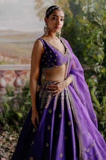 Jigar Mali Purple Chanderi, Organza Embroidery V-neck Floral Dori Lehenga Set at Aza Fashions Jigar Mali_Purple Chanderi, Organza Embroidery V-neck Floral Dori Lehenga Set _at_Aza_Fashions