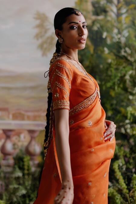 Shop_Jigar Mali_Orange Organza, Chanderi, Linen, Cotton Embroidery V-neck Saree And Blouse Set _Online_at_Aza_Fashions