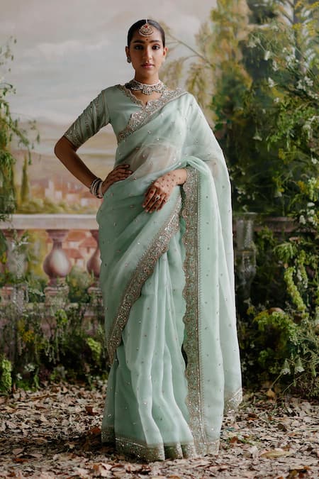 Jigar Mali Green Organza, Chanderi Embroidery V-neck Floral Saree And Blouse Set