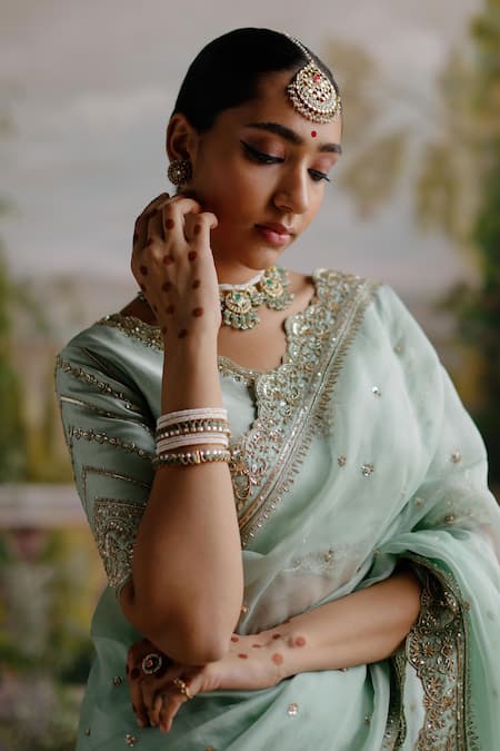 Buy Jigar Mali Green Organza, Chanderi Embroidery V-neck Floral Saree And Blouse Set Online at Aza Fashions Buy_Jigar Mali_Green Organza, Chanderi Embroidery V-neck Floral Saree And Blouse Set _Online_at_Aza_Fashions