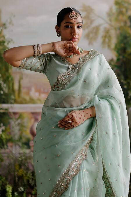 Shop Jigar Mali Green Organza, Chanderi Embroidery V-neck Floral Saree And Blouse Set Online at Aza Fashions Shop_Jigar Mali_Green Organza, Chanderi Embroidery V-neck Floral Saree And Blouse Set _Online_at_Aza_Fashions