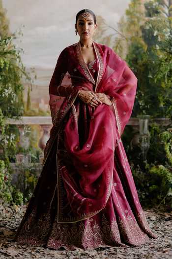 Jigar Mali Maroon Organza, Denim Embroidery Round Neck Floral Aari Lehenga Set Online at Aza Fashions Jigar Mali_Maroon Organza, Denim Embroidery Round Neck Floral Aari Lehenga Set _Online_at_Aza_Fashions
