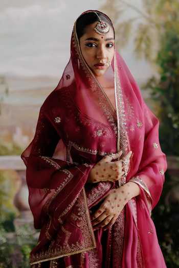 Buy Jigar Mali Maroon Organza, Denim Embroidery Round Neck Floral Aari Lehenga Set Online at Aza Fashions Buy_Jigar Mali_Maroon Organza, Denim Embroidery Round Neck Floral Aari Lehenga Set _Online_at_Aza_Fashions