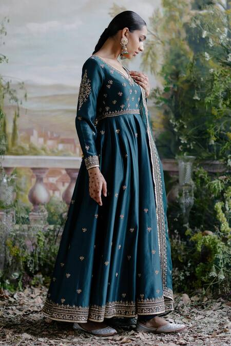 Jigar Mali_Emerald Green Chanderi, Organza, Polyester Floral Embroidered Anarkali Set _Online_at_Aza_Fashions