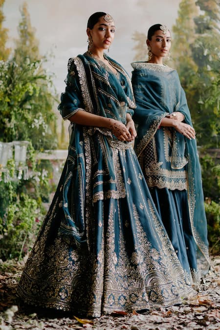 Jigar Mali_Green Chanderi, Organza Sequins, Zari Stripe Embroidered Bridal Lehenga Set _Online_at_Aza_Fashions