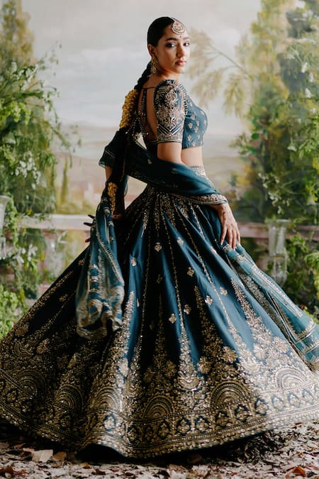 Shop_Jigar Mali_Green Chanderi, Organza Sequins, Zari Stripe Embroidered Bridal Lehenga Set _Online_at_Aza_Fashions