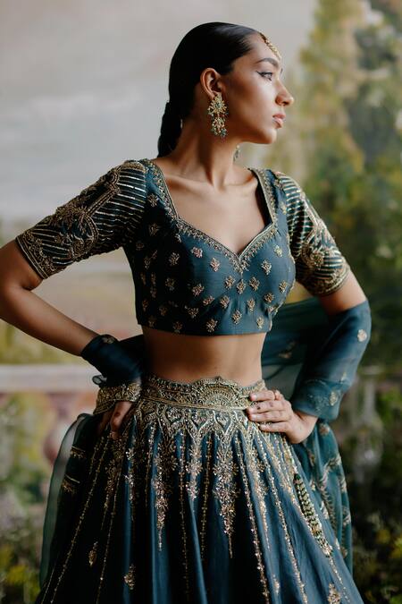 Jigar Mali_Green Chanderi, Organza Sequins, Zari Stripe Embroidered Bridal Lehenga Set _at_Aza_Fashions