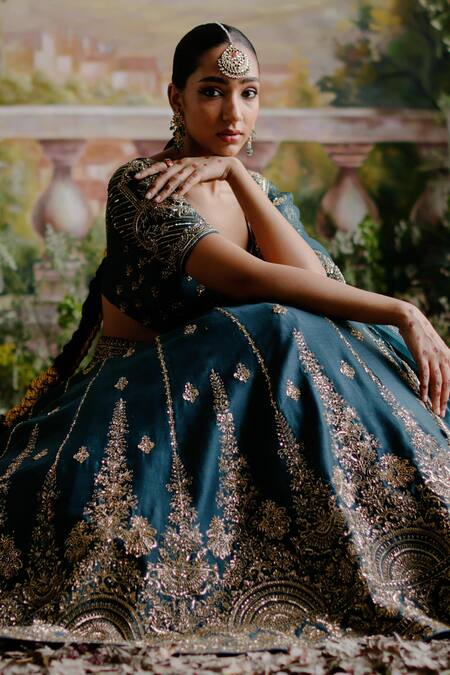 Buy_Jigar Mali_Green Chanderi, Organza Sequins, Zari Stripe Embroidered Bridal Lehenga Set 