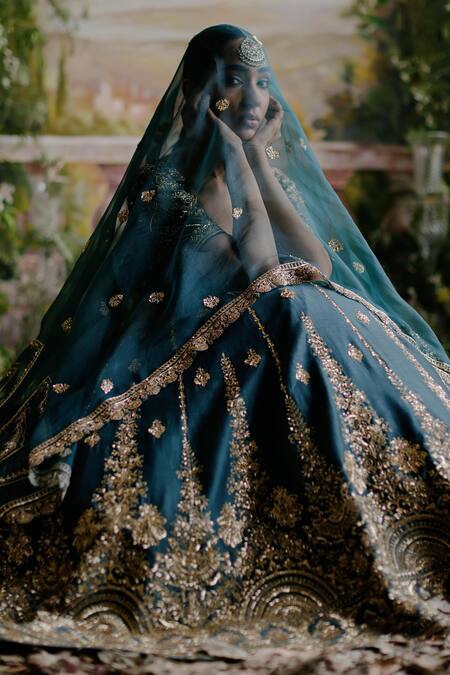 Shop_Jigar Mali_Green Chanderi, Organza Sequins, Zari Stripe Embroidered Bridal Lehenga Set 
