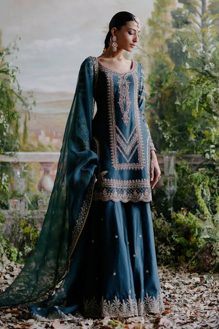 Jigar Mali_Green Chanderi, Organza, Linen Sequins, Beads Dori Embroidered Kurta Sharara Set _Online_at_Aza_Fashions