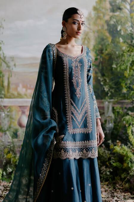 Buy_Jigar Mali_Green Chanderi, Organza, Linen Sequins, Beads Dori Embroidered Kurta Sharara Set _Online_at_Aza_Fashions