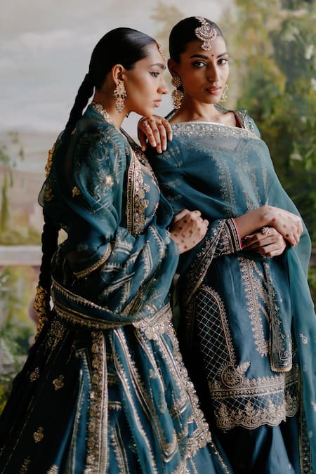 Jigar Mali_Green Chanderi, Organza, Linen Sequins, Beads Dori Embroidered Kurta Sharara Set _at_Aza_Fashions