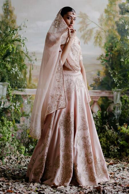 Buy_Jigar Mali_Pink Chanderi, Organza Sequins, Embroidery V-neck Dori Bridal Lehenga Set _Online_at_Aza_Fashions
