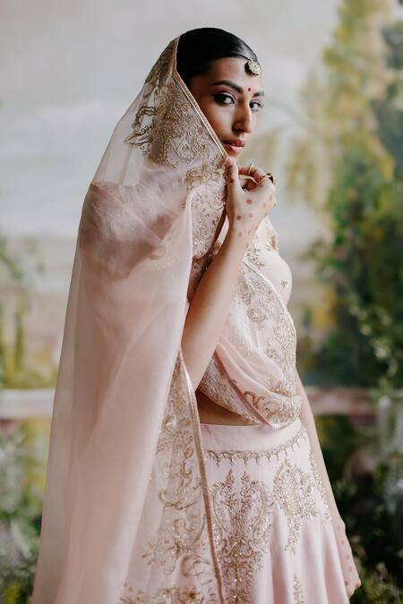 Shop_Jigar Mali_Pink Chanderi, Organza Sequins, Embroidery V-neck Dori Bridal Lehenga Set _Online_at_Aza_Fashions