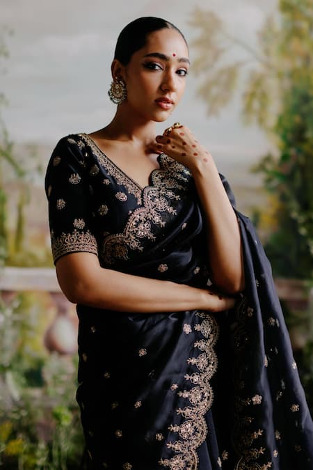 Jigar Mali_Black Organza, Silk, Denim, Linen Sequins, Diamonds, Dori Saree With Blouse _Online_at_Aza_Fashions