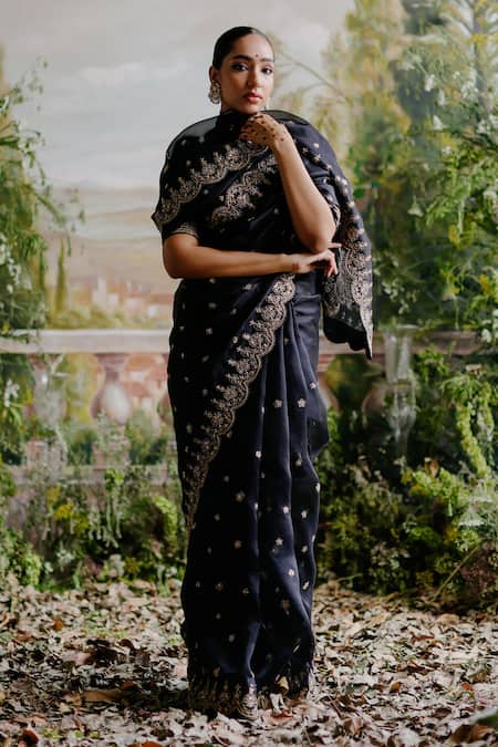Buy_Jigar Mali_Black Organza, Silk, Denim, Linen Sequins, Diamonds, Dori Saree With Blouse _Online_at_Aza_Fashions