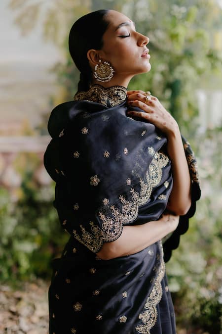 Shop_Jigar Mali_Black Organza, Silk, Denim, Linen Sequins, Diamonds, Dori Saree With Blouse _Online_at_Aza_Fashions