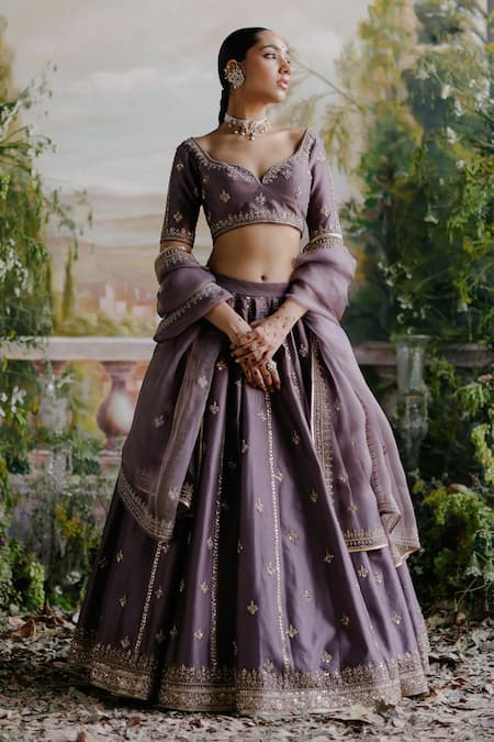 Jigar Mali Purple Chanderi Embroidery Dori Leaf Neck Sequin Lehenga Set 