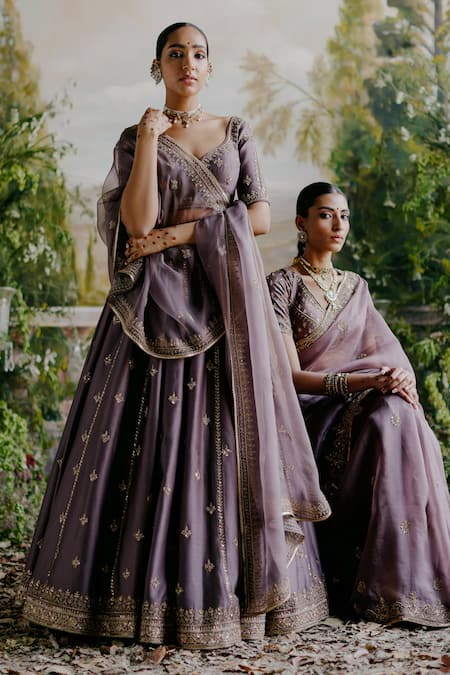 Jigar Mali_Purple Chanderi, Organza Sequins, Cut Work, Floral Embroidered Lehenga Set _Online_at_Aza_Fashions