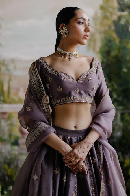 Shop_Jigar Mali_Purple Chanderi, Organza Sequins, Cut Work, Floral Embroidered Lehenga Set _Online_at_Aza_Fashions