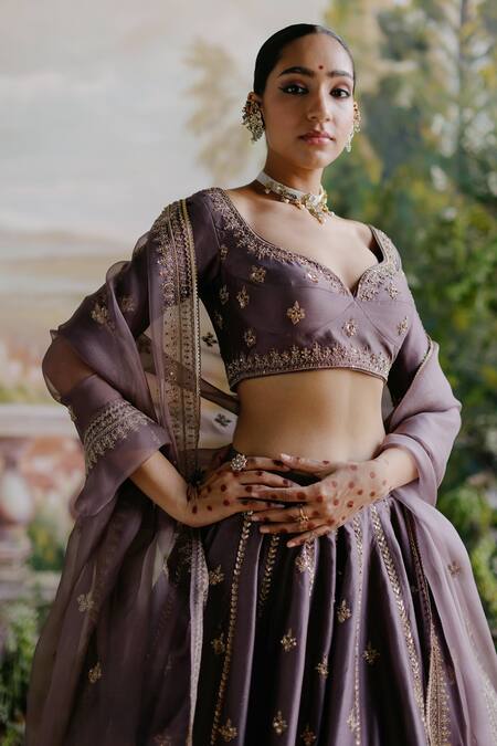 Jigar Mali_Purple Chanderi, Organza Sequins, Cut Work, Floral Embroidered Lehenga Set _at_Aza_Fashions