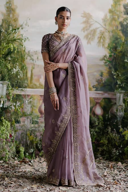 Jigar Mali_Purple Organza, Silk Embroidery, Beads Placement Saree With Blouse _Online_at_Aza_Fashions