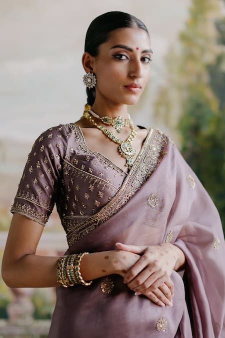 Buy_Jigar Mali_Purple Organza, Silk Embroidery, Beads Placement Saree With Blouse _Online_at_Aza_Fashions