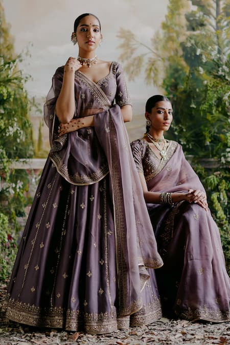 Shop_Jigar Mali_Purple Organza, Silk Embroidery, Beads Placement Saree With Blouse _Online_at_Aza_Fashions