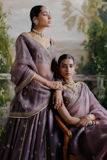 Jigar Mali_Purple Organza, Silk Embroidery, Beads Placement Saree With Blouse _at_Aza_Fashions