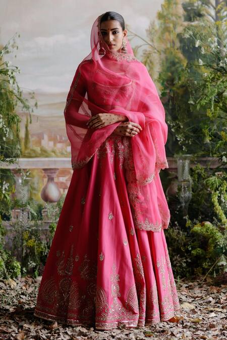 Jigar Mali_Pink Chanderi, Organza Sequins, Beads, Embroidery Scoop Hot Bridal Lehenga Set _Online_at_Aza_Fashions