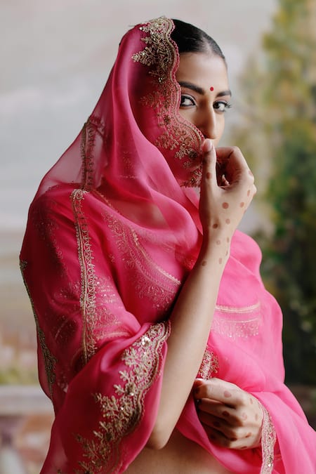 Buy_Jigar Mali_Pink Chanderi, Organza Sequins, Beads, Embroidery Scoop Hot Bridal Lehenga Set _Online_at_Aza_Fashions