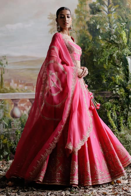 Shop_Jigar Mali_Pink Chanderi, Organza Sequins, Beads, Embroidery Scoop Hot Bridal Lehenga Set _Online_at_Aza_Fashions