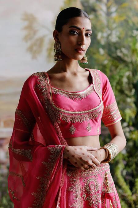 Jigar Mali_Pink Chanderi, Organza Sequins, Beads, Embroidery Scoop Hot Bridal Lehenga Set _at_Aza_Fashions