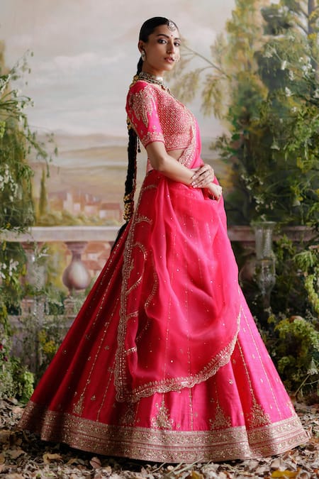Jigar Mali Pink Silk, Organza Sequins, Embroidery, Beads V-neck Raw Bridal Lehenga Set Online at Aza Fashions Jigar Mali_Pink Silk, Organza Sequins, Embroidery, Beads V-neck Raw Bridal Lehenga Set _Online_at_Aza_Fashions