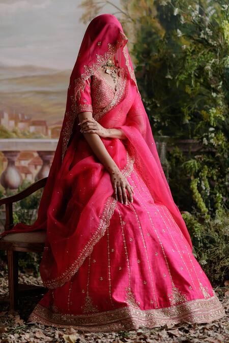 Shop Jigar Mali Pink Silk, Organza Sequins, Embroidery, Beads V-neck Raw Bridal Lehenga Set Online at Aza Fashions Shop_Jigar Mali_Pink Silk, Organza Sequins, Embroidery, Beads V-neck Raw Bridal Lehenga Set _Online_at_Aza_Fashions