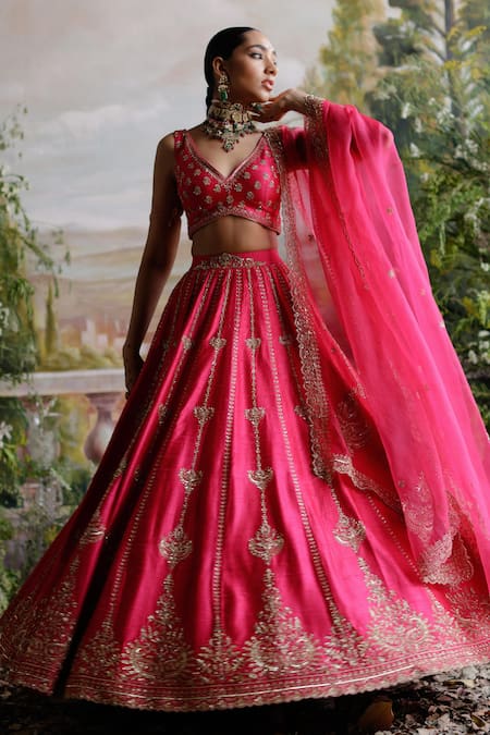 Buy Bridal Wear Dark Pink Heavy Embroidery Work Silk Lehenga Choli Online  From Surat Wholesale Shop.