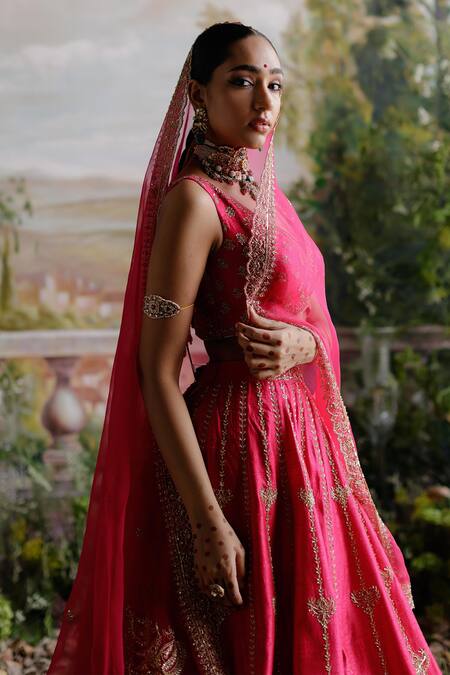 Buy_Jigar Mali_Pink Silk, Organza Sequins, Beads V-neck Leaf Embroidered Bridal Lehenga Set 