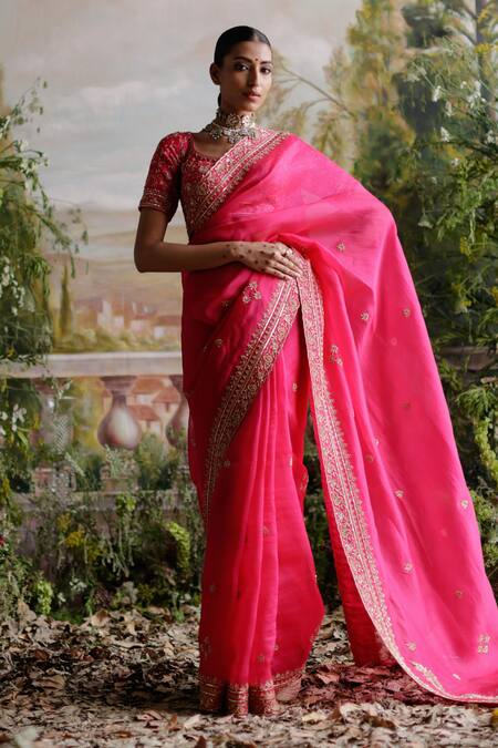 Jigar Mali_Pink Silk, Organza Embroidery, Beads, Sequins Border Saree With Blouse _Online_at_Aza_Fashions