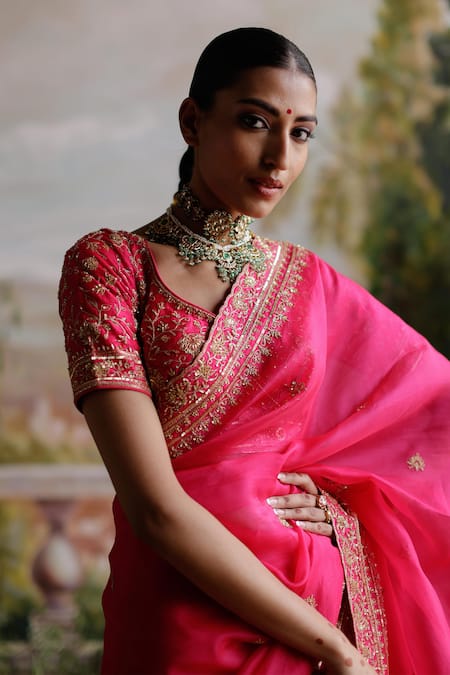 Buy_Jigar Mali_Pink Silk, Organza Embroidery, Beads, Sequins Border Saree With Blouse _Online_at_Aza_Fashions