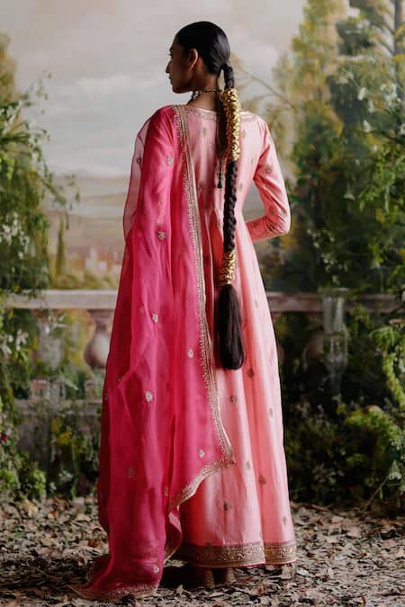 Shop Jigar Mali Pink Chanderi, Organza Sequins, Beads Round Neck Embroidered Anarkali Jacket Set at Aza Fashions Shop_Jigar Mali_Pink Chanderi, Organza Sequins, Beads Round Neck Embroidered Anarkali Jacket Set _at_Aza_Fashions