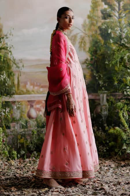 Jigar Mali Pink Chanderi, Organza Sequins, Beads Round Neck Embroidered Anarkali Jacket Set Online at Aza Fashions Jigar Mali_Pink Chanderi, Organza Sequins, Beads Round Neck Embroidered Anarkali Jacket Set _Online_at_Aza_Fashions