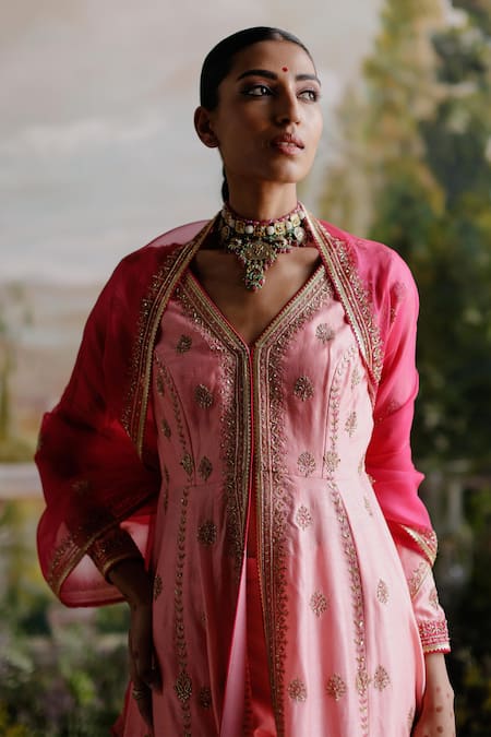 Buy Jigar Mali Pink Chanderi, Organza Sequins, Beads Round Neck Embroidered Anarkali Jacket Set Online at Aza Fashions Buy_Jigar Mali_Pink Chanderi, Organza Sequins, Beads Round Neck Embroidered Anarkali Jacket Set _Online_at_Aza_Fashions