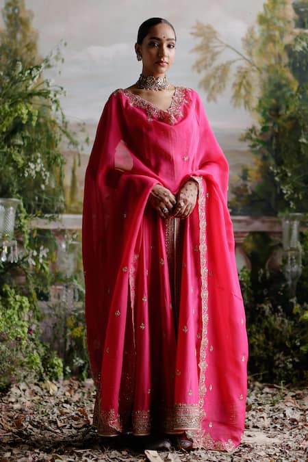 Shop Jigar Mali Pink Chanderi, Organza, Linen Sequins, Dori Embroidered Anarkali Jacket Set at Aza Fashions Shop_Jigar Mali_Pink Chanderi, Organza, Linen Sequins, Dori Embroidered Anarkali Jacket Set _at_Aza_Fashions