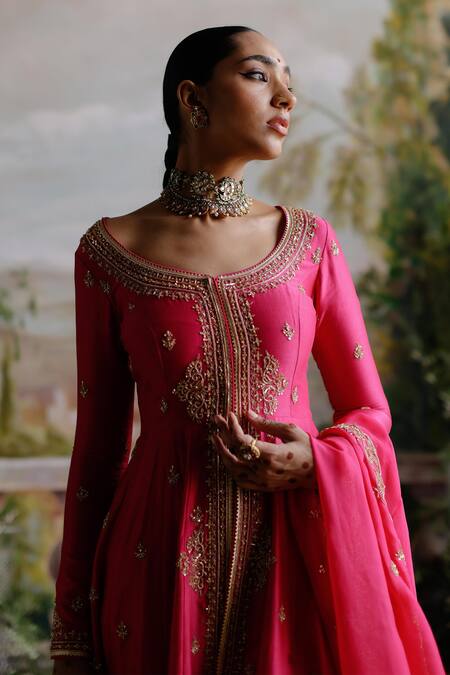 Jigar Mali Pink Chanderi, Organza, Linen Sequins, Dori Embroidered Anarkali Jacket Set Online at Aza Fashions Jigar Mali_Pink Chanderi, Organza, Linen Sequins, Dori Embroidered Anarkali Jacket Set _Online_at_Aza_Fashions