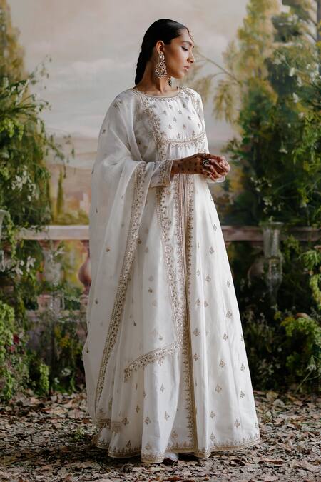 Shop_Jigar Mali_Off White Chanderi, Organza Embroidery, Diamonds Round Neck Anarkali Jacket Set _Online_at_Aza_Fashions