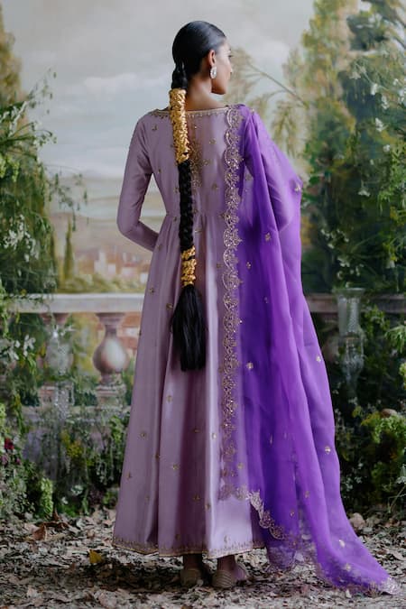 Shop Jigar Mali Purple Chanderi, Organza, Linen Sequins, Beads, Floral Anarkali Jacket Set at Aza Fashions Shop_Jigar Mali_Purple Chanderi, Organza, Linen Sequins, Beads, Floral Anarkali Jacket Set _at_Aza_Fashions