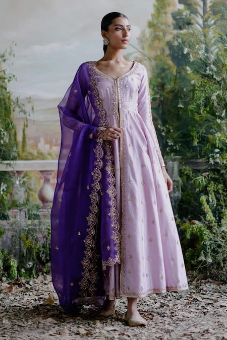 Jigar Mali Purple Chanderi, Organza, Linen Sequins, Beads, Floral Anarkali Jacket Set Online at Aza Fashions Jigar Mali_Purple Chanderi, Organza, Linen Sequins, Beads, Floral Anarkali Jacket Set _Online_at_Aza_Fashions