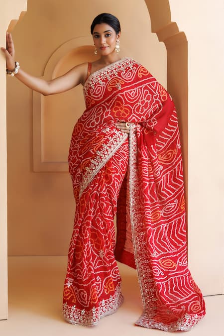 Geroo Jaipur Red Pure Georgette Hand Embroidered Bandhani Saree With Unstitched Blouse Piece 