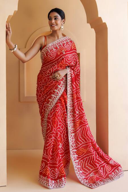 Shop_Geroo Jaipur_Red Georgette Gota Patti Bandhani Saree With Unstitched Blouse Piece _Online_at_Aza_Fashions