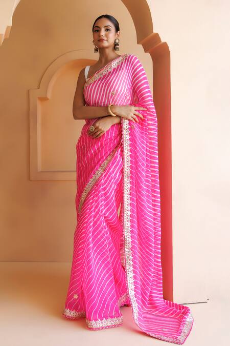 Geroo Jaipur_Pink Georgette Gota Leheriya Saree With Embroidered Unstitched Blouse Piece _Online_at_Aza_Fashions